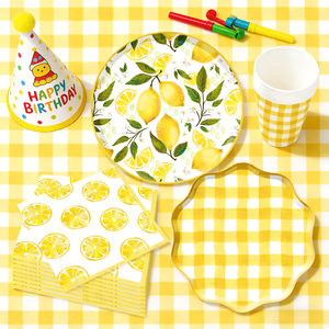 DAMAI - Juego de Vajilla Desechable para Fiestas Infantiles, Picnic, Camping, Cumpleaños, Diseño a Cuadros Amarillo Limón, Servilletas, Vasos y Platos de Papel - Product Image 2