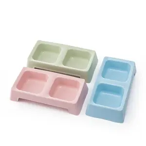 Factory Direct Sale Double Pet Bowl Plastic Cat Food And Water Bowl Rectangular Pet Feeder Dog And Cat Bowl Candy Color