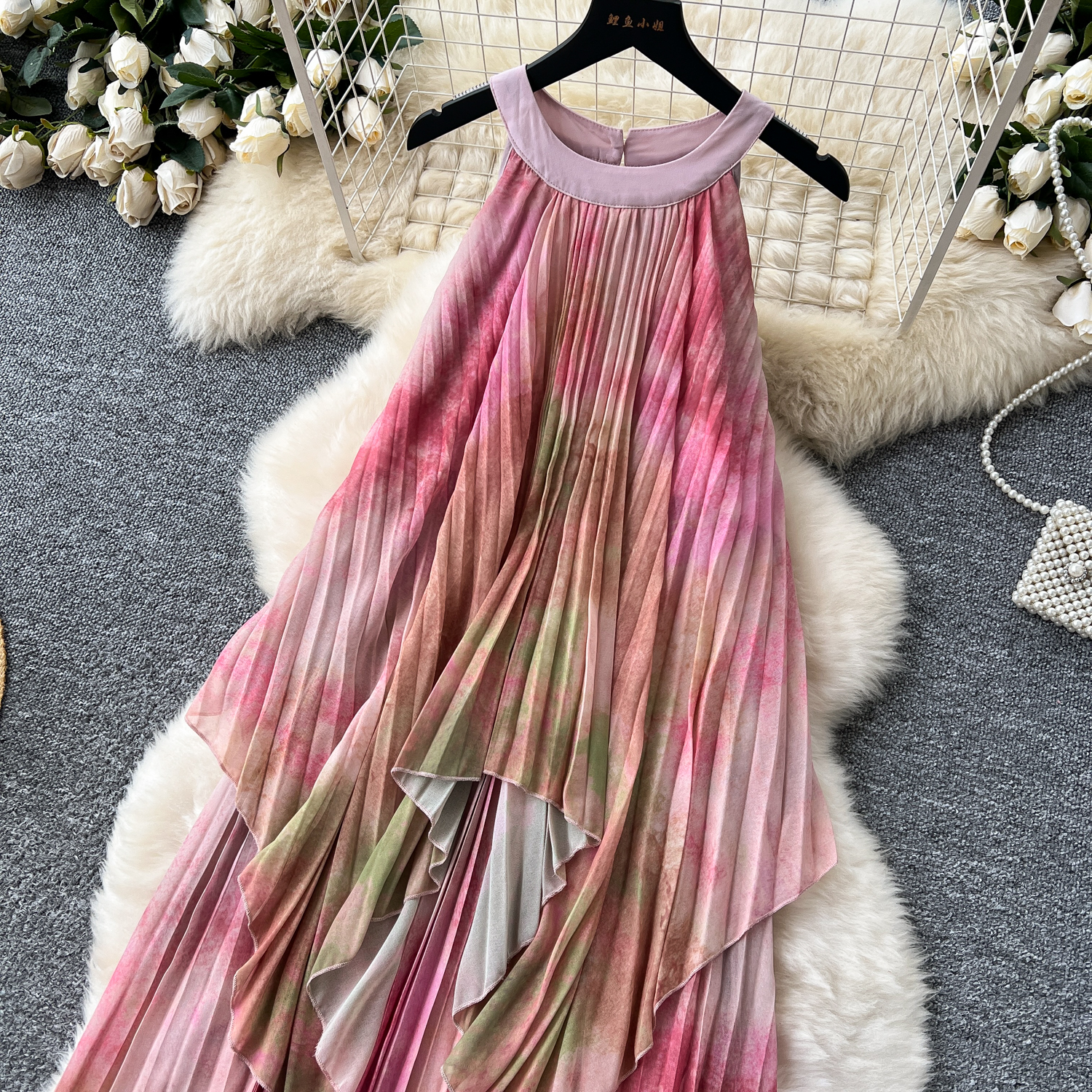 ワンピース theredthered S oval pleats dress Bow One-shoulder Full A-line Floral Satin Maxi Bridesmaid