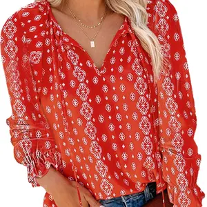 Floral Print Women Casual Blouses V Neck Drawstring Flare Long Sleeves Pullover Office Lady Summer Autumn Tunic Blouse