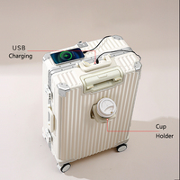 Valise à roulettes en aluminium tendance 2024, vente chaude, avec porte-gobelet, support de téléphone, prise de charge USB, bagages multifonctionnels en ABS