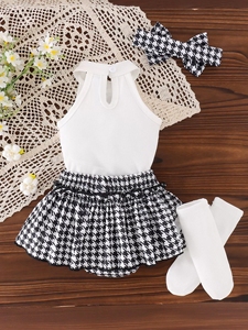 Abbigliamento per Bambini E-commerce Transfrontaliero Nuova Collezione Autunno/Inverno Gilet Bianco in Cotone + Minigonna a Pied-de-Poule per Bambini - Product Image 6