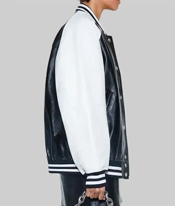 Chaqueta Universitaria de Béisbol de Cuero Negra y Blanca de Alta Calidad para Mujer, Ropa de Calle Informal - Product Image 2