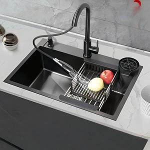 Fregadero de cocina moderno de acero inoxidable de gran capacidad, empotrado, cuadrado, con grifo estilo cascada. - Product Image 2