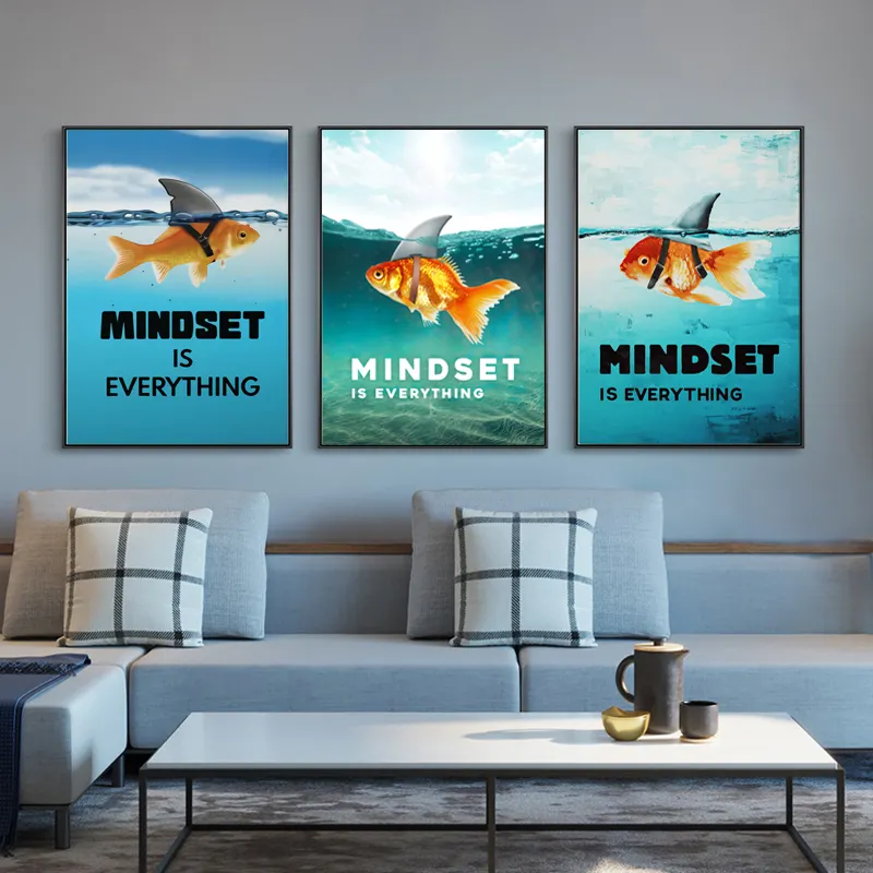 Goldfish Inspirational MINDSET IS EVERYTH Success Motivational hanging lips canvas wall art prints quotes poster
