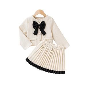 Ensemble de vêtements pour petite fille, style européen, écologique, respirant, printemps-été, cardigan à nœud, jupe plissée, tricot en coton, 3-8 ans - Product Image 1
