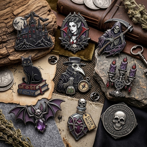 Lot de badges métalliques personnalisés en gros, thèmes <span class=keywords><strong>Horreur</strong></span>, Wednesday, Statue Vintage, VCA, Gothique, Addams, Vampire, Coffret cadeau Halloween, Multi-packs - Product Image 1