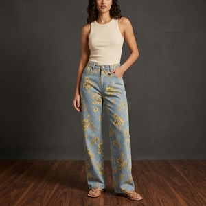 <strong>Yellow</strong> Floral Print Wide Leg <strong>Jeans</strong> High Waist Light Wash Denim Pants Vintage Summer <strong>Women</strong> - Product Image 3