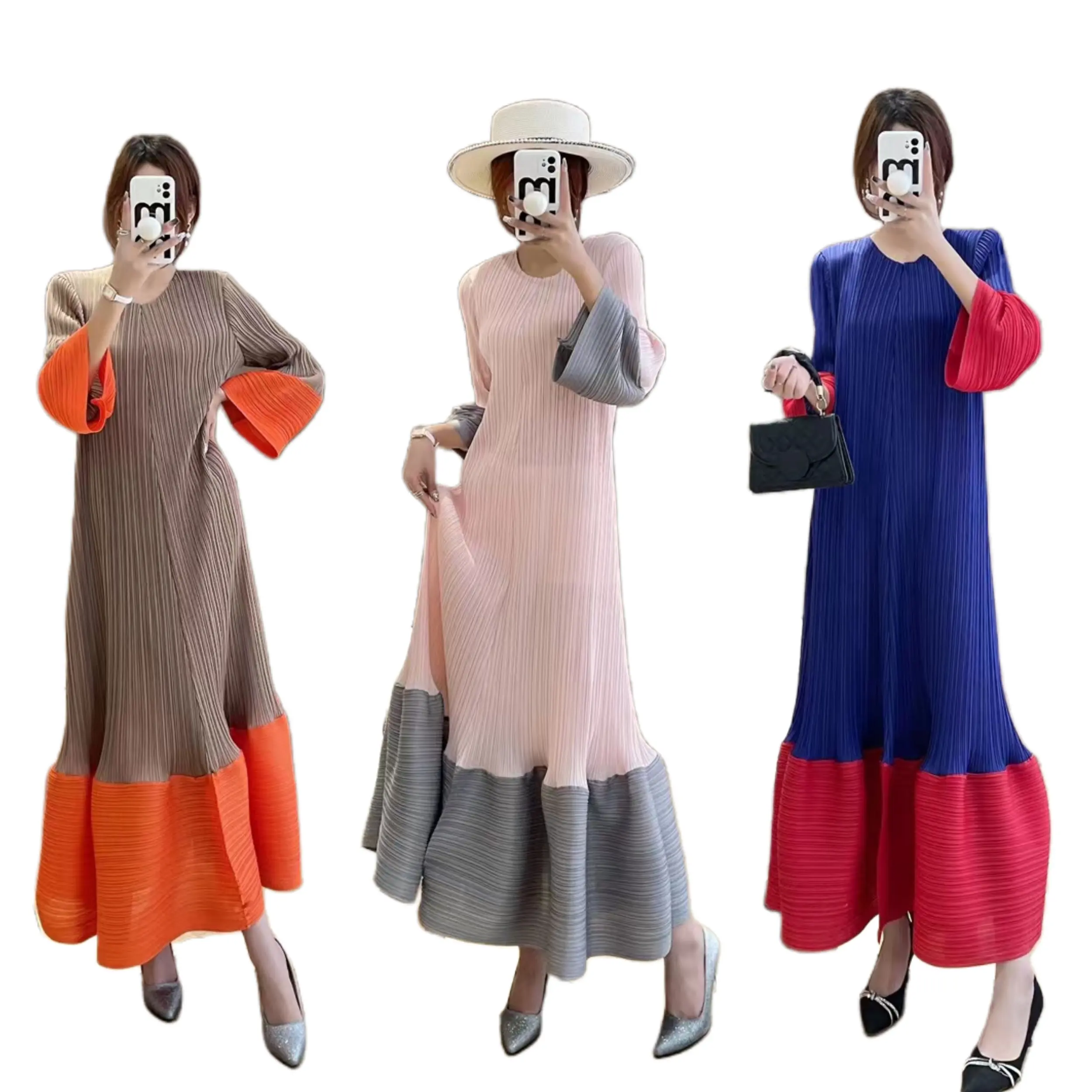 Miyake-Vestido largo informal de talla grande para mujer, vestido largo elástico con manga de volantes a la moda, 2023