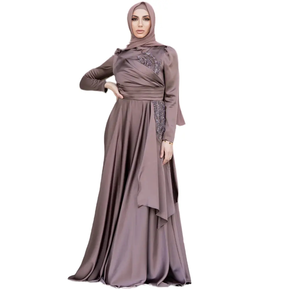 Sifon Sutra Abaya Maxi Dress Wanita Muslim Wanita Lengan Panjang Lipit Pinggang dengan Aksen Dihiasi Gaun Malam Elegan