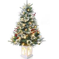 Sapin de Noël pré-éclairé avec base lumineuse éblouissante, sapin de Noël artificiel enneigé avec baies rouges et lumières LED