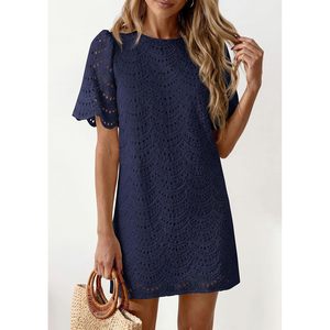 Women's Summer Casual Short Sleeve Lace Mini Dress Boho O-Neck Loose Fit Breathable Woven Beach Vacation Dress - Product Image 3