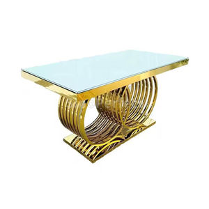 Elegante Mesa de Comedor Rectangular de MDF con Espejo Dorado y Cristal, Recomendada para Bodas, Banquetes y Hoteles, Moderna, de Acero Inoxidable - Product Image 1