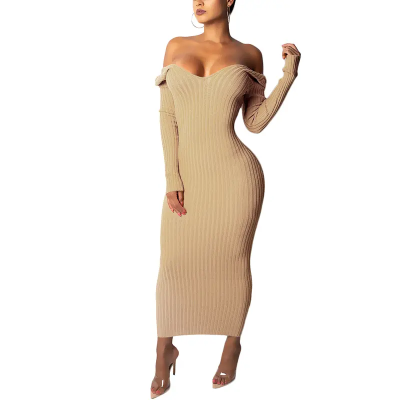 2023 New Arrivals Women Sexy Handmade Knitted Solid Color Dresses Hot Sale Low Cut Woolen Sweater Long Sleeve Warm Maxi Dresses