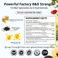 Kapsul Magnesium Glisinat OEM 500mg Dengan Vitamin D3 B6 Lada Hitam Sangat Bioavailabel Mendukung Kesehatan Tidur, Otot & Jantung