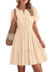 Custom Size Ladies 2026 Light Short Sleeve Mini <b>Dress</b> Soft Fabric V Neck <b>Elastic</b> High Waist Slim Casual Daily <b>Dresses</b> - Product Image 2