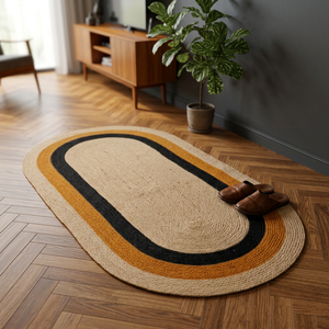 Tapis ovale tressé rayé moderne en jute, tapis de sol réversible pour salon, bleu, vert, rose, orange - Product Image 3