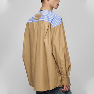 Custom Logo Men Asymmetric Stripe <b>Patchwork</b> Oversized <b>Shirt</b> Khaki Block Lapel Collar Long Sleeve Loose Fit Button Down <b>Shirts</b> - Product Image 2