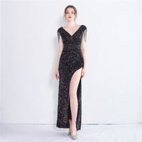 19261 #2022newhandmade perles mode femmes Sexy décolleté en V profond paillettes robes de soirée Sexy longues femmes fête robe de soirée de bal
