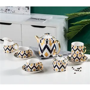 Western ceramic yellow graph pattern teapot bone china afternoon tea cup set with gift box
