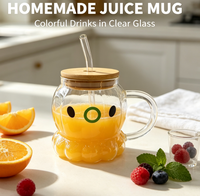 Mug en verre borosilicate transparent fait main, motif pieuvre et citrouille, avec couvercle en bambou et paille, écologique