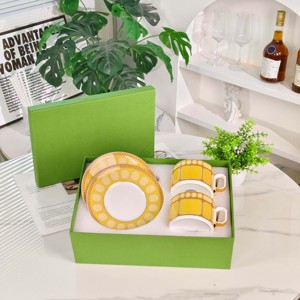 Juego de Taza y Platillo de Porcelana Fina Premium, Vajilla Geométrica Amarilla para Té y Regalos - Product Image 2