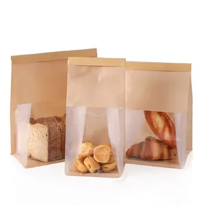 Custom Bakery Food Paper Tote Packaging Bag Bread Loaf Bagel Toast Brown Paper Bags Kraft Paper Window Bag