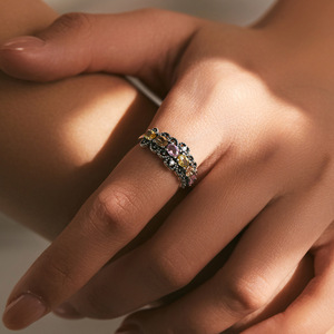 S925 Silver Vintage Cluster <b>Ring</b> With Pink Yellow <b>Crystal</b> Rhinestones Pave Setting Women's Everyday Wear - Product Image 5