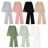 Ensemble deux pièces côtelé en maille à col en V pour femme, coupe ample, pantalon droit, collection automne – Direct Fabricant