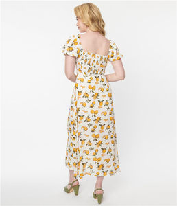 Oem Custom Fashion Casual Modest Summer V Neck Puff Short Sleeves <strong>Lemons</strong> <strong>Print</strong> Flare Maxi Long <strong>Dress</strong> for Women - Product Image 4