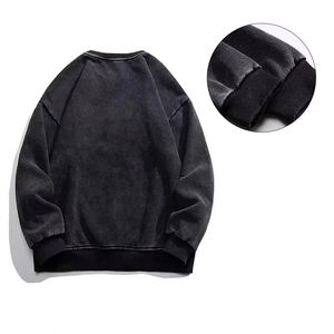 AI-MICH 360G Fleece O-Neck Washed Distressed Retro Glossy Embroidered Solid Pattern <b>Pullover</b> Eco-Friendly <b>Men</b> Women Winter - Product Image 2