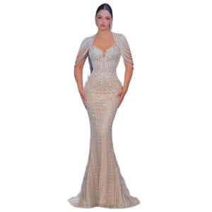 Abito da sera Serene Hill 2026 LA73199, stile arabo saudita, a sirena, color <span class=keywords><strong>nude</strong></span>, con perle e maniche a nappa, per donna, da cerimonia. - Product Image 1