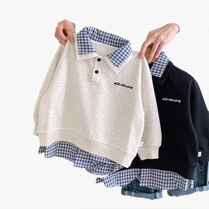 Sweat-shirt pour garçons et filles, enfants, printemps-automne, mode, tendance, chemise à carreaux à deux pièces, col polo - Product Image 3