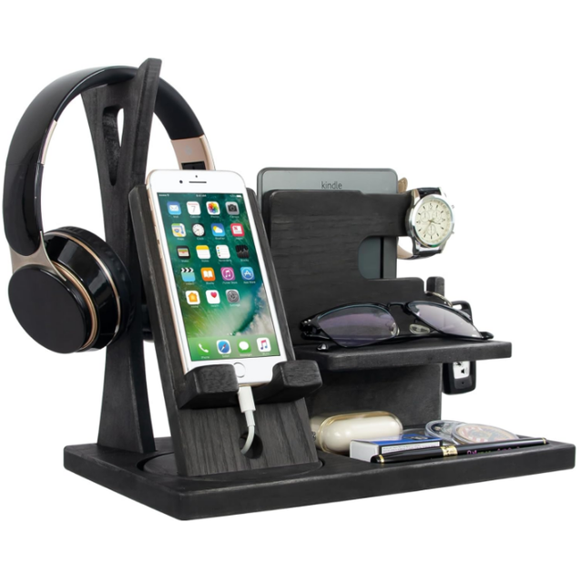 Wood Phone Docking Station with Headphone Stand Charging Display Slider Desk Organizer Rotating Phone Rack for Desktop Storage
