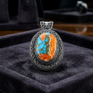 Pendentif bohème fait main en argent plaqué avec pierre précieuse naturelle d'huître barbelée, 1,6 pouce - Product Image 2