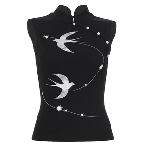 Top de punto sin mangas con cuello simulado y estampado de golondrinas para mujer, chaleco informal de moda estilo retro, top de verano - Product Image 6