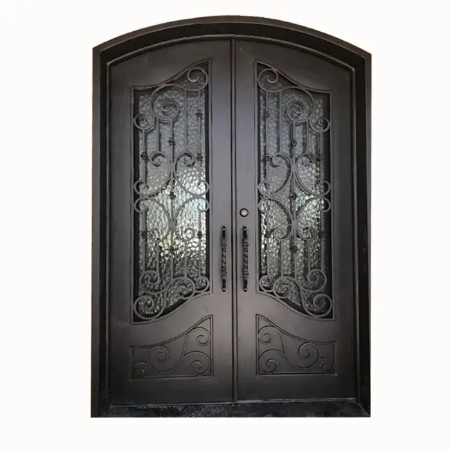 Puerta de entrada de hierro forjado para el hogar, puerta de seguridad frontal de oscilación interior de vidrio transparente, perfil negro plano de acero moderno, diseño único