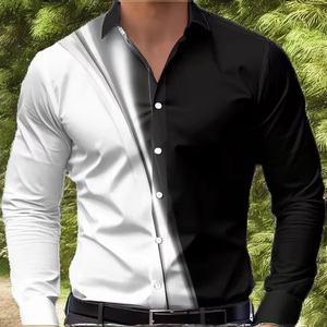 เสื้อเชิ้ตแขนยาวผู้ชายสีดำขาว ผ้าซาติน สไตล์ลำลอง ระบายอากาศได้ดี เป็นมิตรกับสิ่งแวดล้อม ลายพิมพ์ดีไซน์เนอร์ สำหรับฤดูหนาว ติดกระดุมแถวเดียว - Product Image 2