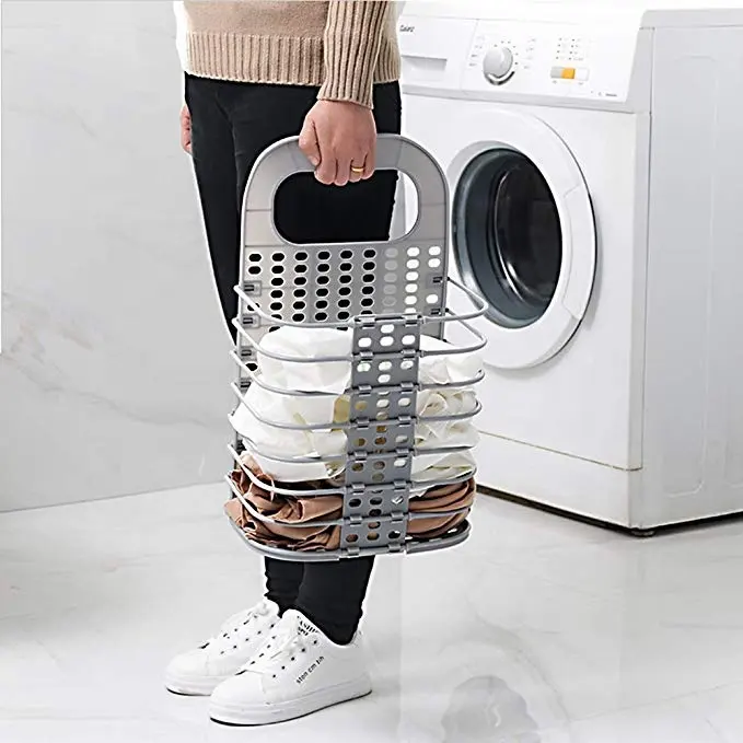 Gantung Laundry Basket dengan Pegangan Plastik Collaspable Tinggi Laundry Keranjang Penyimpanan Dilipat Laundry Keranjang Style