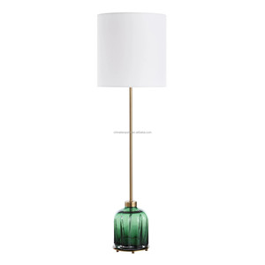 Green Glass Bell Modern Table Lamp with Brass Stem | Calm Coastal <b>Lighting</b> for Hotel Feature Space & <b>Lounge</b> - Product Image 1