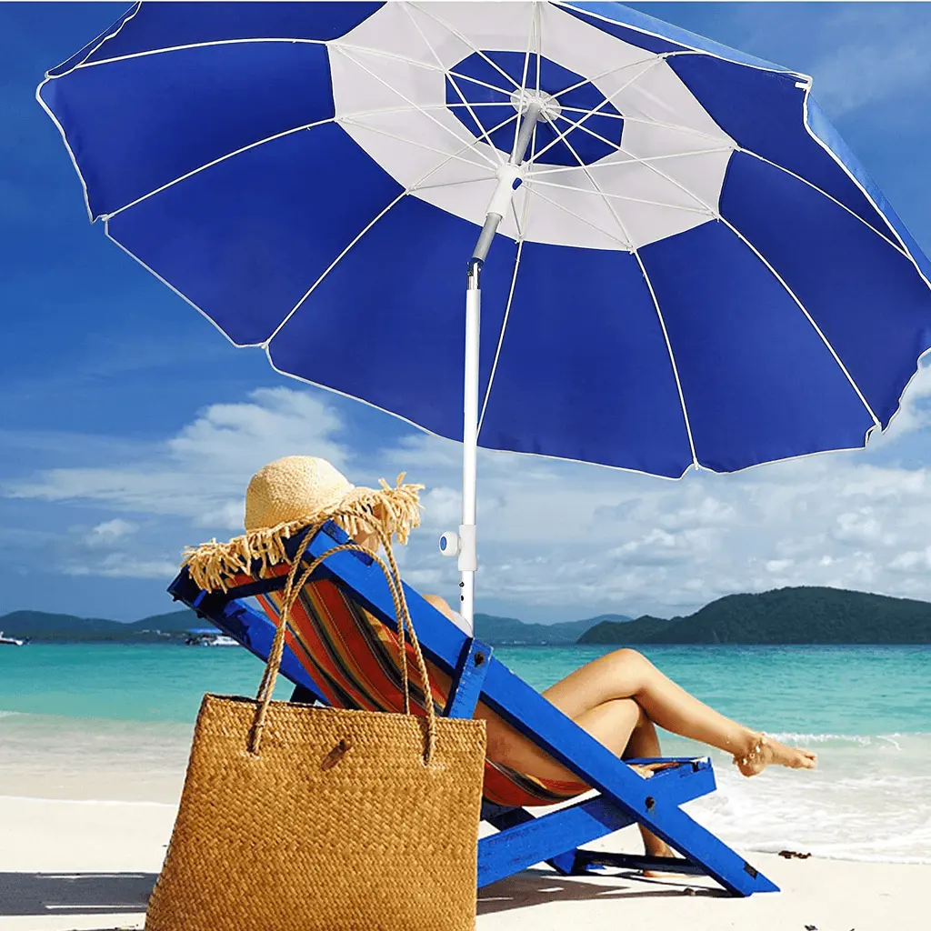 Parapluie de plage portable robuste de 7 'avec ancre de sable hauteur réglable évent abri solaire en aluminium pour patio jardin extérieur