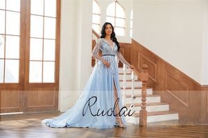 Ruolai LWC6806 nuovo arrivo vestiti da sera a maniche lunghe abiti da sera <span class=keywords><strong>con</strong></span> perline <span class=keywords><strong>blu</strong></span> cielo e <span class=keywords><strong>spacco</strong></span> - Product Image 2