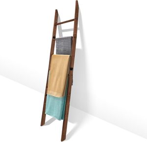 Couverture décorative à 6 niveaux <span class=keywords><strong>en</strong></span> <span class=keywords><strong>bois</strong></span> brun carbone Échelle de 5.5 pieds Style ferme Porte-serviettes Salon Couette penchée au mur Non - Product Image 1
