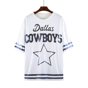 Cow Boys Game Day Sports Dallas Cowboy Jersey <strong>Sequin</strong> T-Shirt Cowboy Football <strong>Sequin</strong> <strong>Tops</strong> for Women - Product Image 2