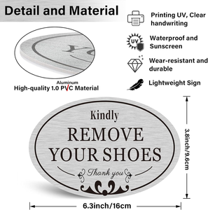 <span class=keywords><strong>Plaque</strong></span> ovale moderne en aluminium auto-adhésive et étanche « Veuillez retirer vos chaussures » pour usage domestique, sans perçage requis - Product Image 2