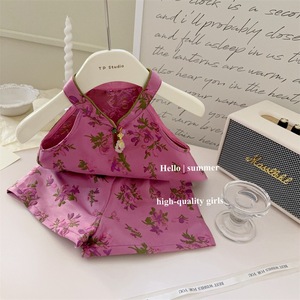Tongxingyuan Girls Summer Chinese Style Floral Vest Shorts Set Cotton Satin Thin Fabric Children Outfits - Product Image 1