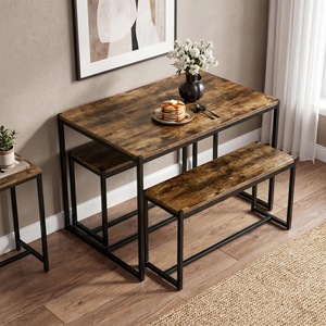 Factory direct sales of retro wood grain dining <b>table</b> <b>and</b> <b>bench</b> three-piece set, industrial style dining <b>table</b> <b>and</b> <b>chairs</b>, - Product Image 3