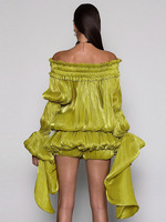 Robe Courte Plissée Métallisée Vert Citron Élégante Joydressing, Sexy, Épaules Dénudées, Manches Longues Évasées, Robes de Soirée, Vente en Gros