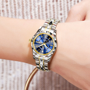 Binbang Women's Quartz Watch Blue Dial Stainless Steel Band Dual Calendar Luminous Waterproof Analog Wristwatch For Female - Product Image 1