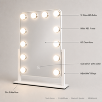 Miroir de Maquillage LED 12 Ampoules avec Haut-Parleur Bluetooth, Tactile, Intensité Réglable, Rechargeable, pour Salon, Studio de Streaming en Direct, Vente en Gros